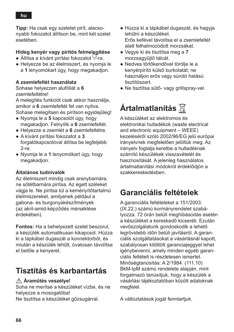 Ártalmatlanítás, Garanciális feltételek, Tisztítás és karbantartás | Siemens TT3A0103 User Manual | Page 69 / 87