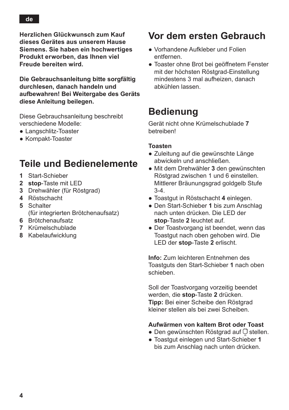 Vor dem ersten gebrauch, Bedienung, Teile und bedienelemente | Siemens TT3A0103 User Manual | Page 7 / 87