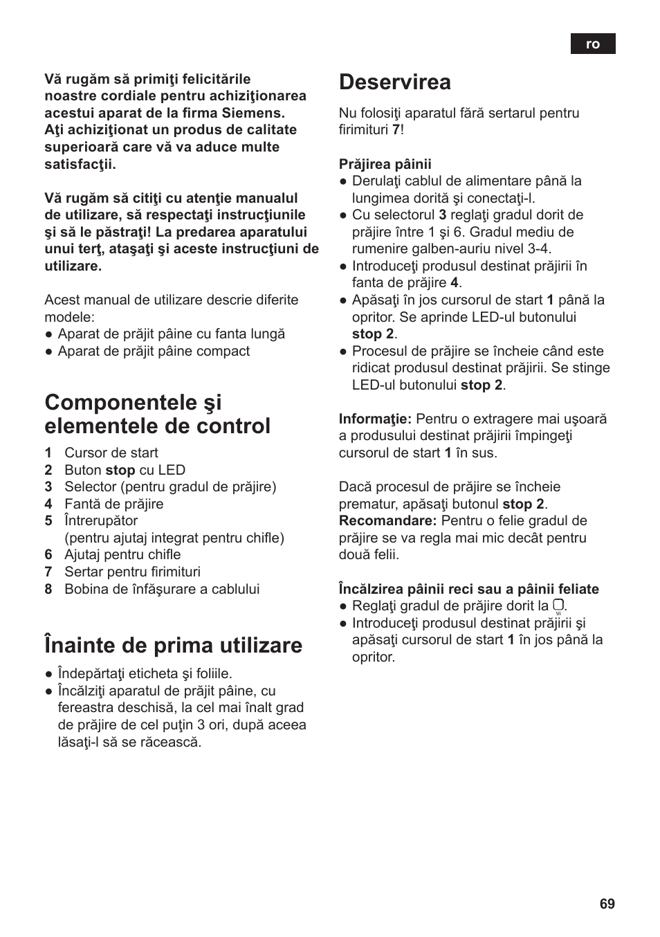 Componentele şi elementele de control, Înainte de prima utilizare, Deservirea | Siemens TT3A0103 User Manual | Page 72 / 87