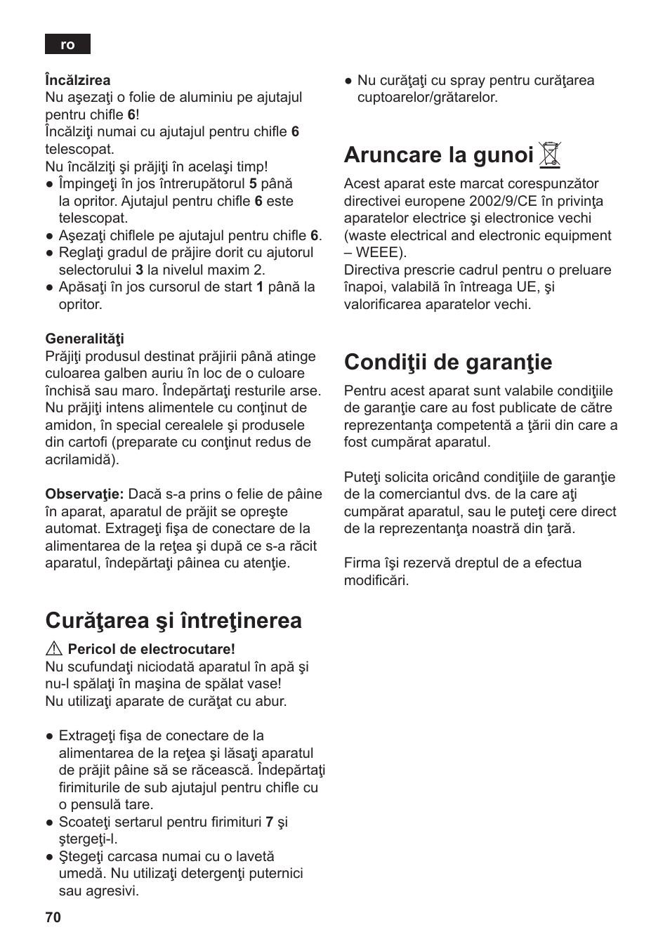 Curăţarea şi întreţinerea, Aruncare la gunoi, Condiţii de garanţie | Siemens TT3A0103 User Manual | Page 73 / 87