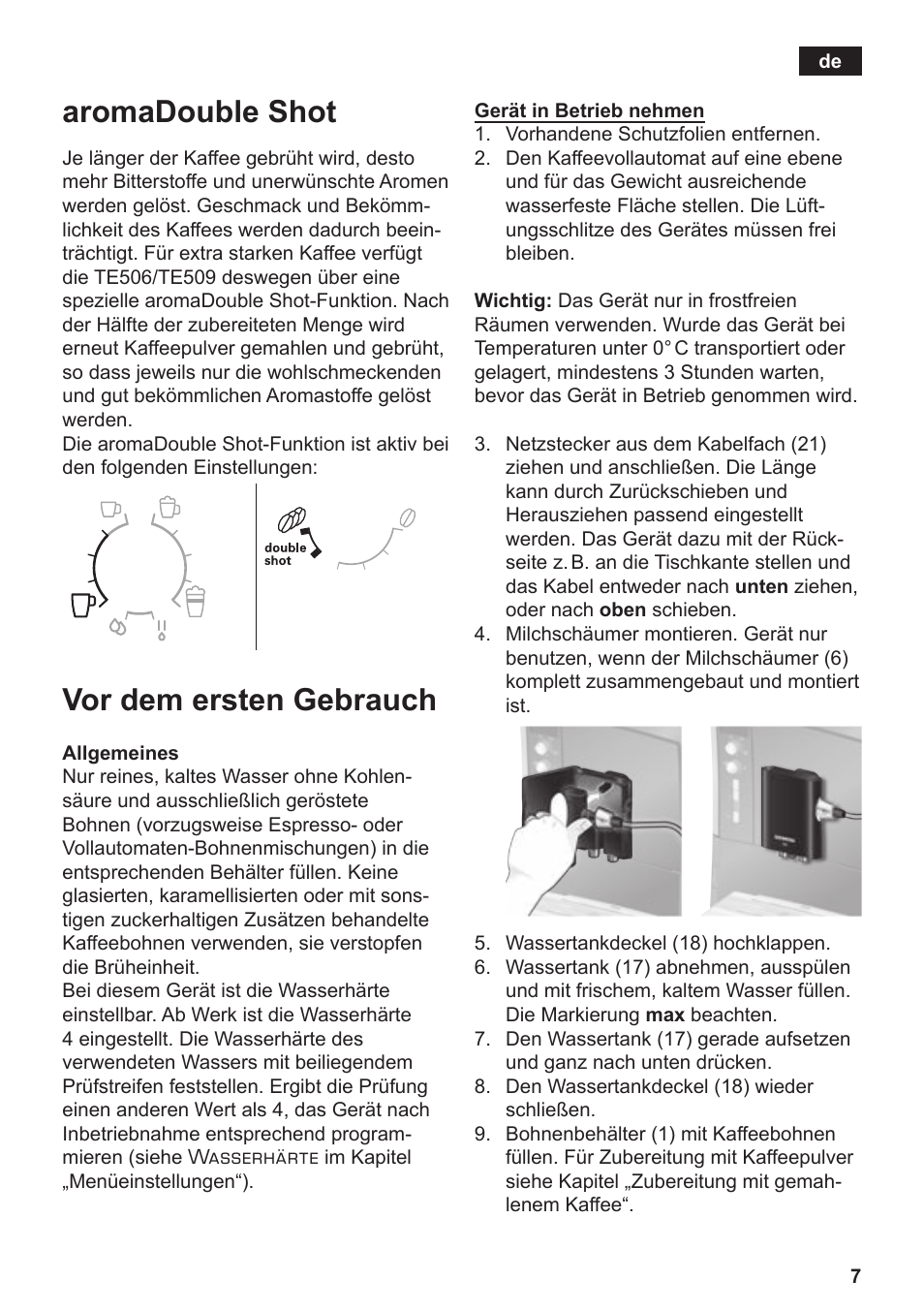 Aromadouble shot, Vor dem ersten gebrauch | Siemens TE506519DE User Manual | Page 11 / 94