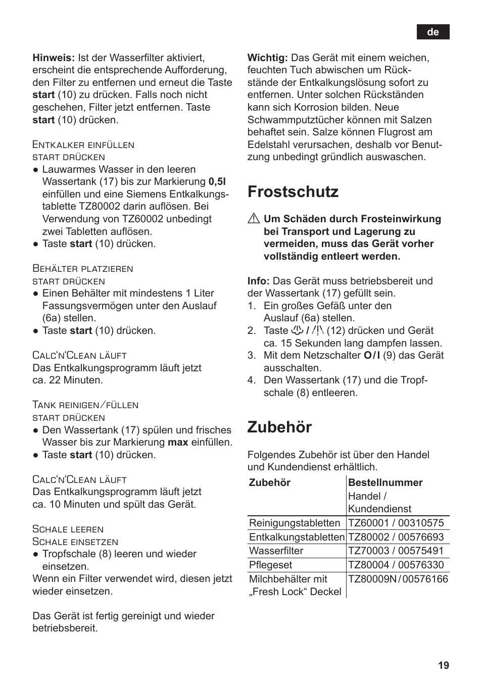 Frostschutz, Zubehör | Siemens TE506519DE User Manual | Page 23 / 94