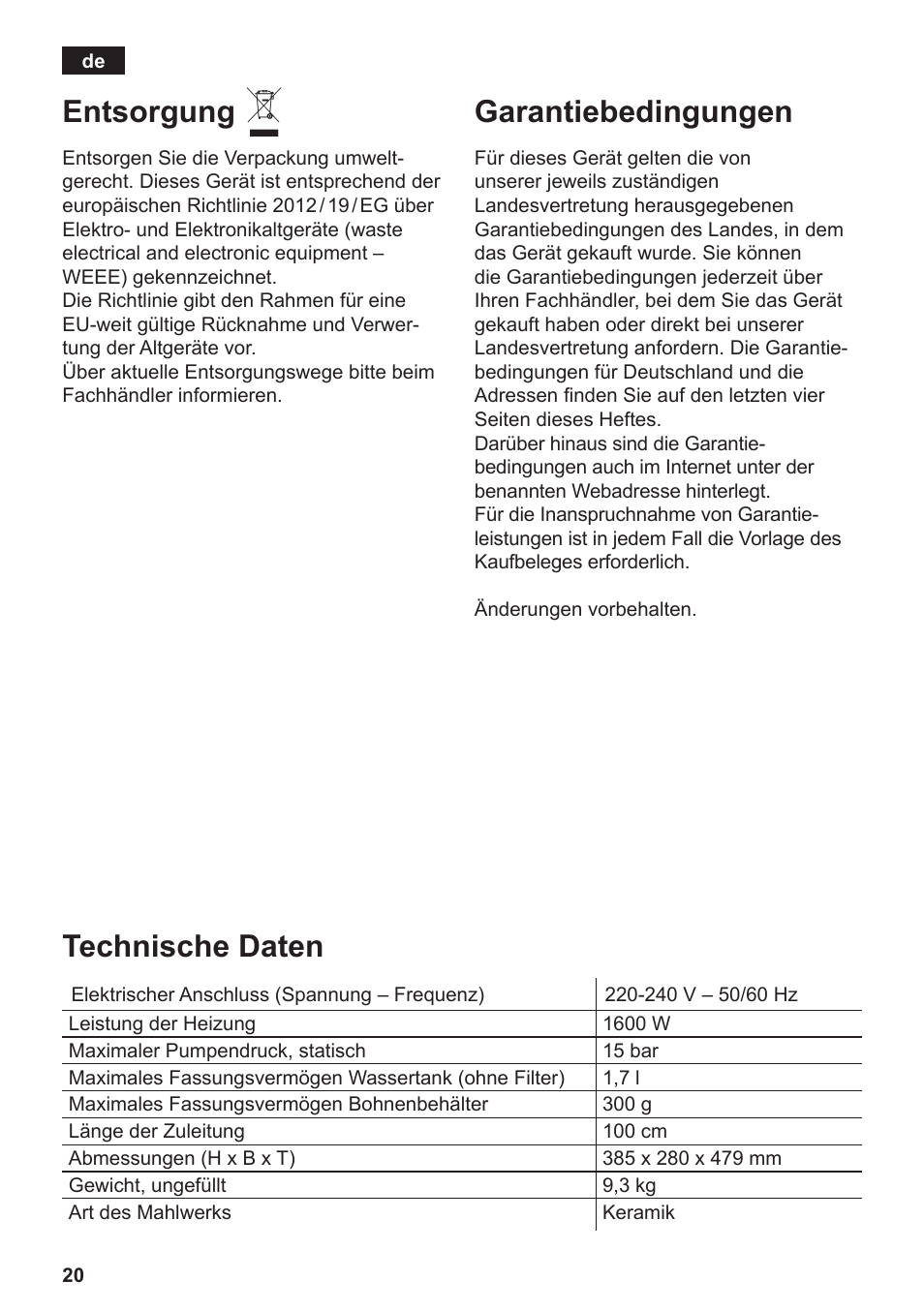 Entsorgung, Technische daten, Garantiebedingungen | Siemens TE506519DE User Manual | Page 24 / 94