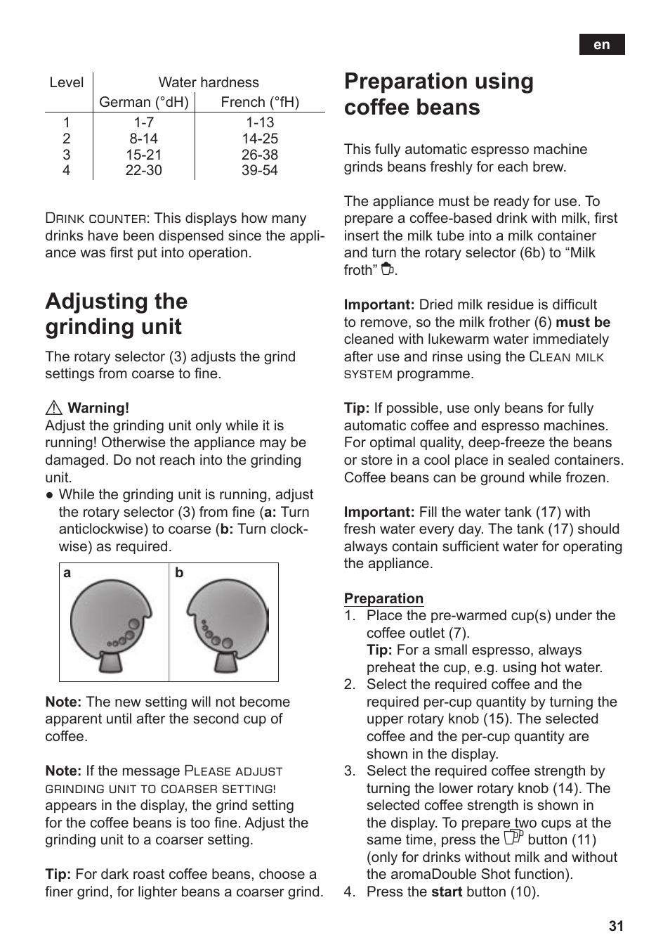 Adjusting the grinding unit, Preparation using coffee beans | Siemens TE506519DE User Manual | Page 35 / 94