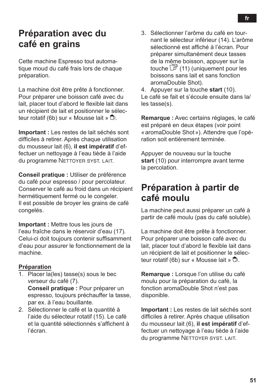 Préparation avec du café en grains, Préparation à partir de café moulu | Siemens TE506519DE User Manual | Page 55 / 94