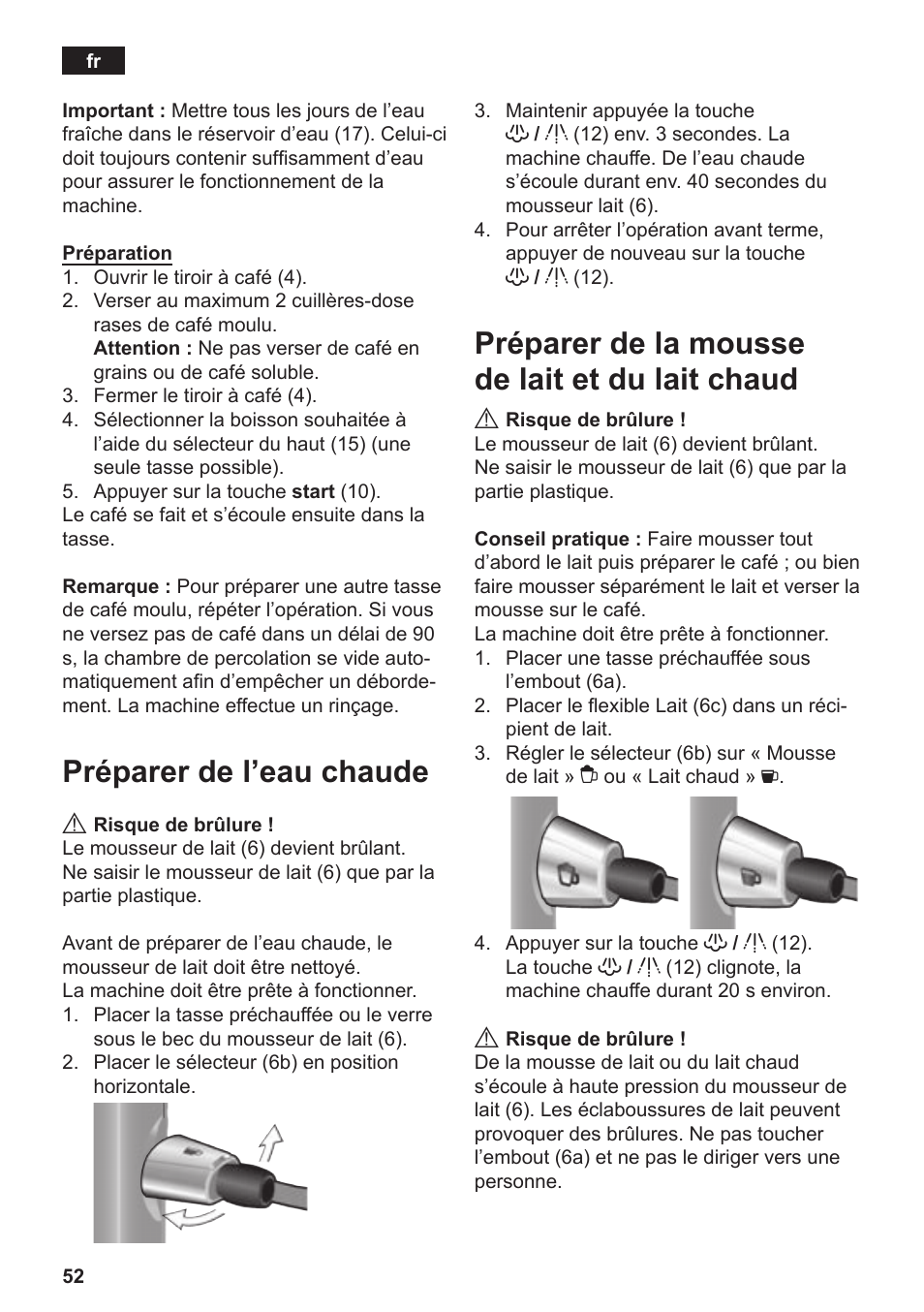 Préparer de l’eau chaude, Préparer de la mousse de lait et du lait chaud | Siemens TE506519DE User Manual | Page 56 / 94