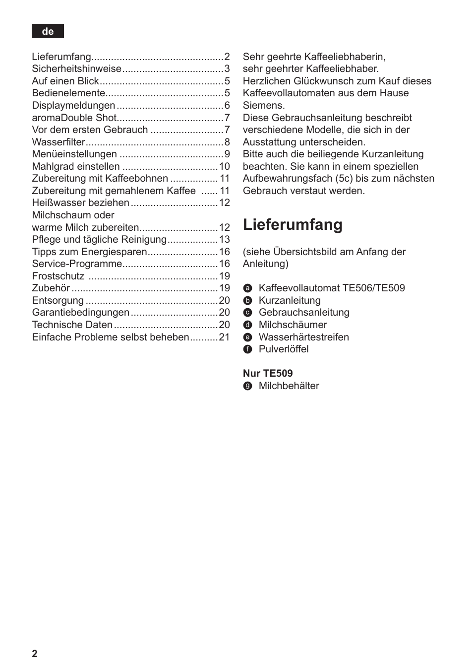 Lieferumfang | Siemens TE506519DE User Manual | Page 6 / 94