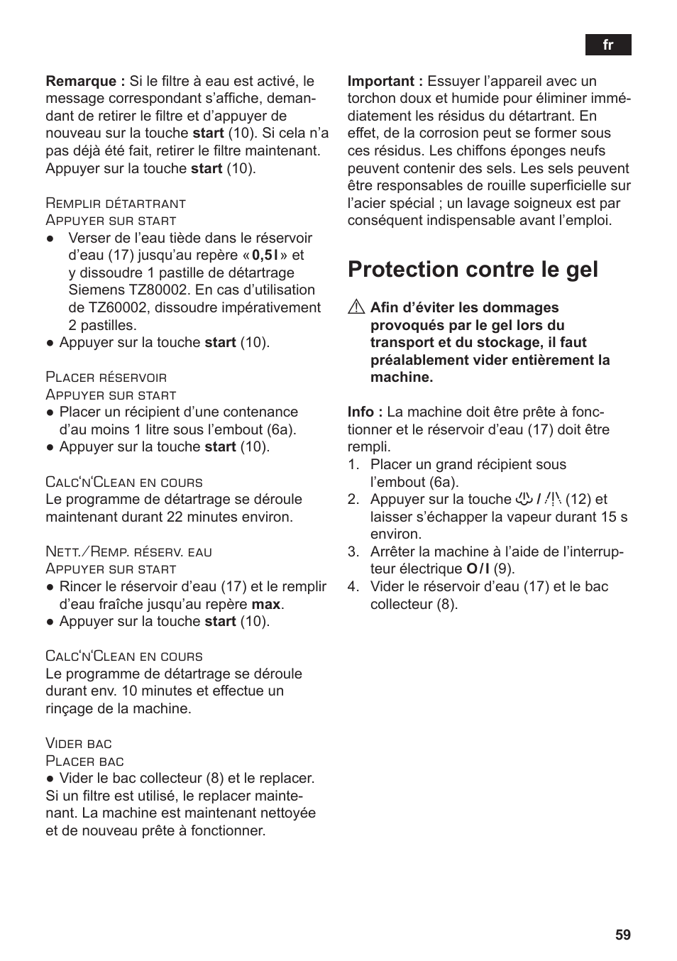 Protection contre le gel | Siemens TE506519DE User Manual | Page 63 / 94