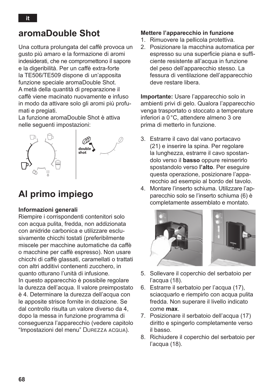 Aromadouble shot, Al primo impiego | Siemens TE506519DE User Manual | Page 72 / 94