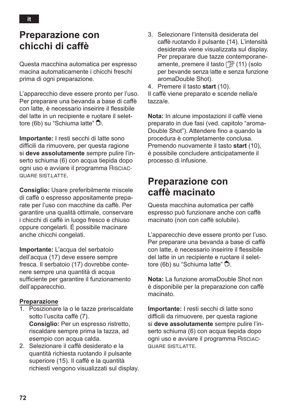 Preparazione con chicchi di caffè, Preparazione con caffè macinato | Siemens TE506519DE User Manual | Page 76 / 94