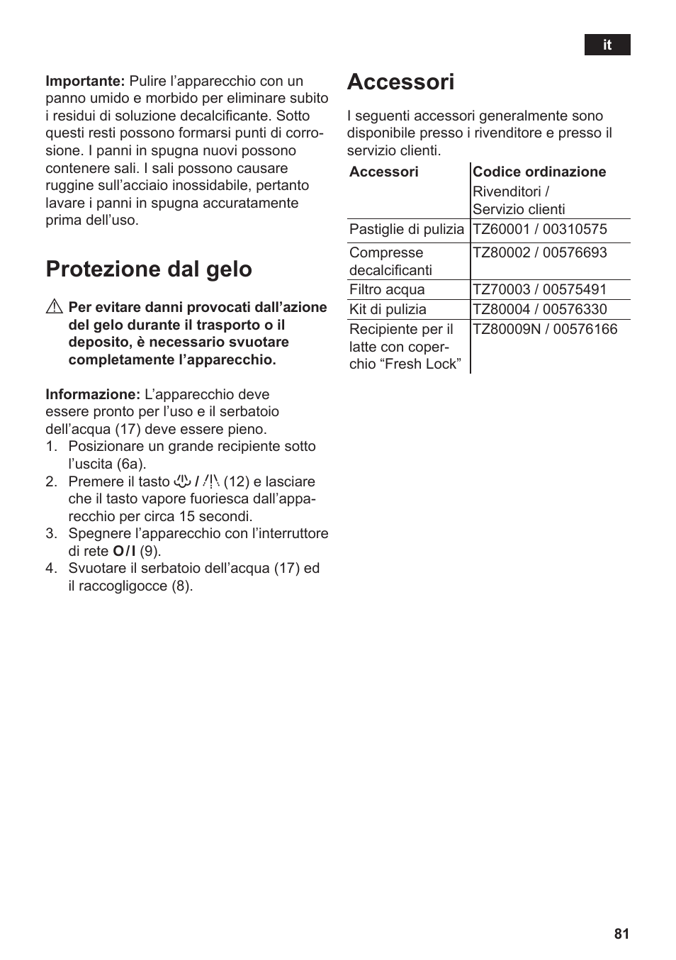 Protezione dal gelo, Accessori | Siemens TE506519DE User Manual | Page 85 / 94