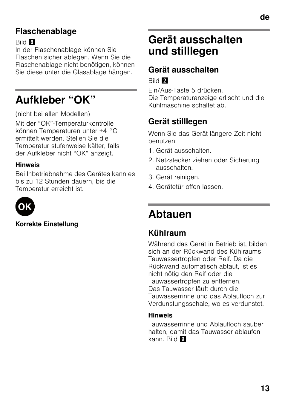 Flaschenablage, Aufkleber “ok, Gerät ausschalten und stilllegen | Gerät ausschalten, Gerät stilllegen, Abtauen, Kühlraum, De 13 flaschenablage | Siemens KI25RP60 User Manual | Page 13 / 77