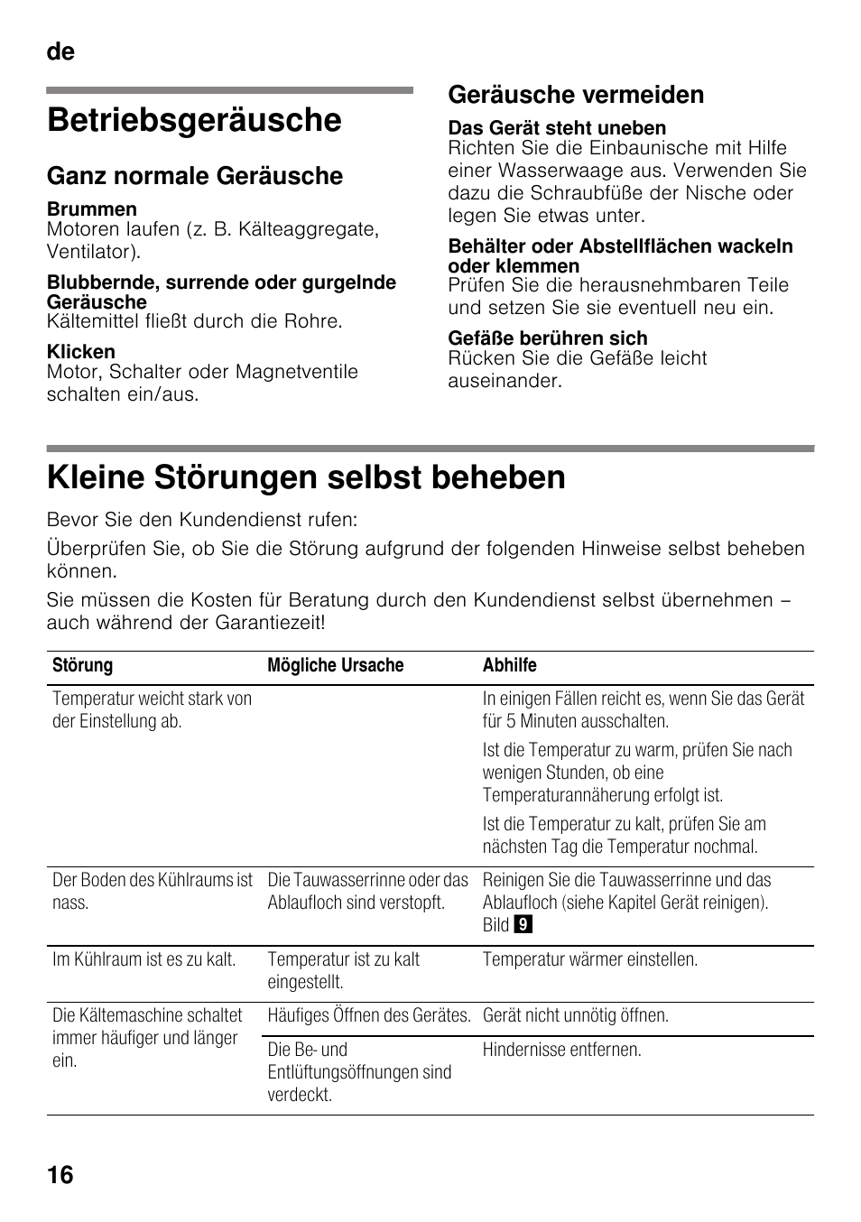 Betriebsgeräusche, Ganz normale geräusche, Brummen | Blubbernde, surrende oder gurgelnde geräusche, Klicken, Geräusche vermeiden, Das gerät steht uneben, Behälter oder abstellflächen wackeln oder klemmen, Gefäße berühren sich, Kleine störungen selbst beheben | Siemens KI25RP60 User Manual | Page 16 / 77