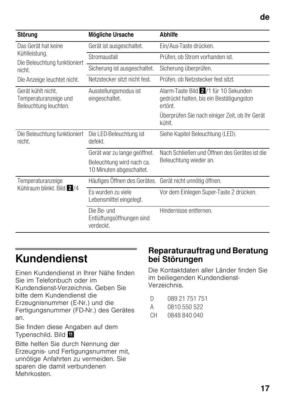 Kundendienst, Reparaturauftrag und beratung bei störungen, De 17 | Siemens KI25RP60 User Manual | Page 17 / 77