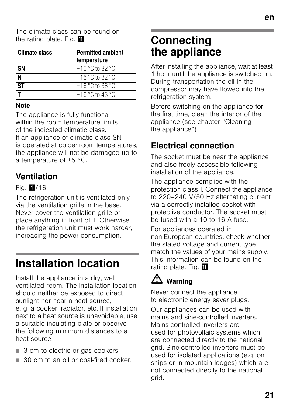 Ventilation, Installation location, 3 cm to electric or gas cookers | 30 cm to an oil or coal-fired cooker, Connecting the appliance, Electrical connection, Installation location connecting the appliance, En 21 | Siemens KI25RP60 User Manual | Page 21 / 77