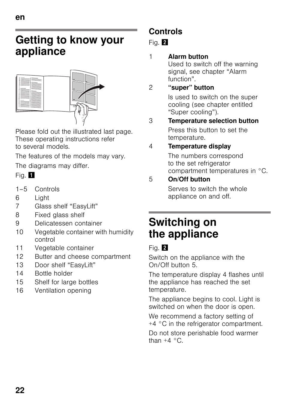 Getting to know your appliance, Controls, Switching on the appliance | En 22 | Siemens KI25RP60 User Manual | Page 22 / 77