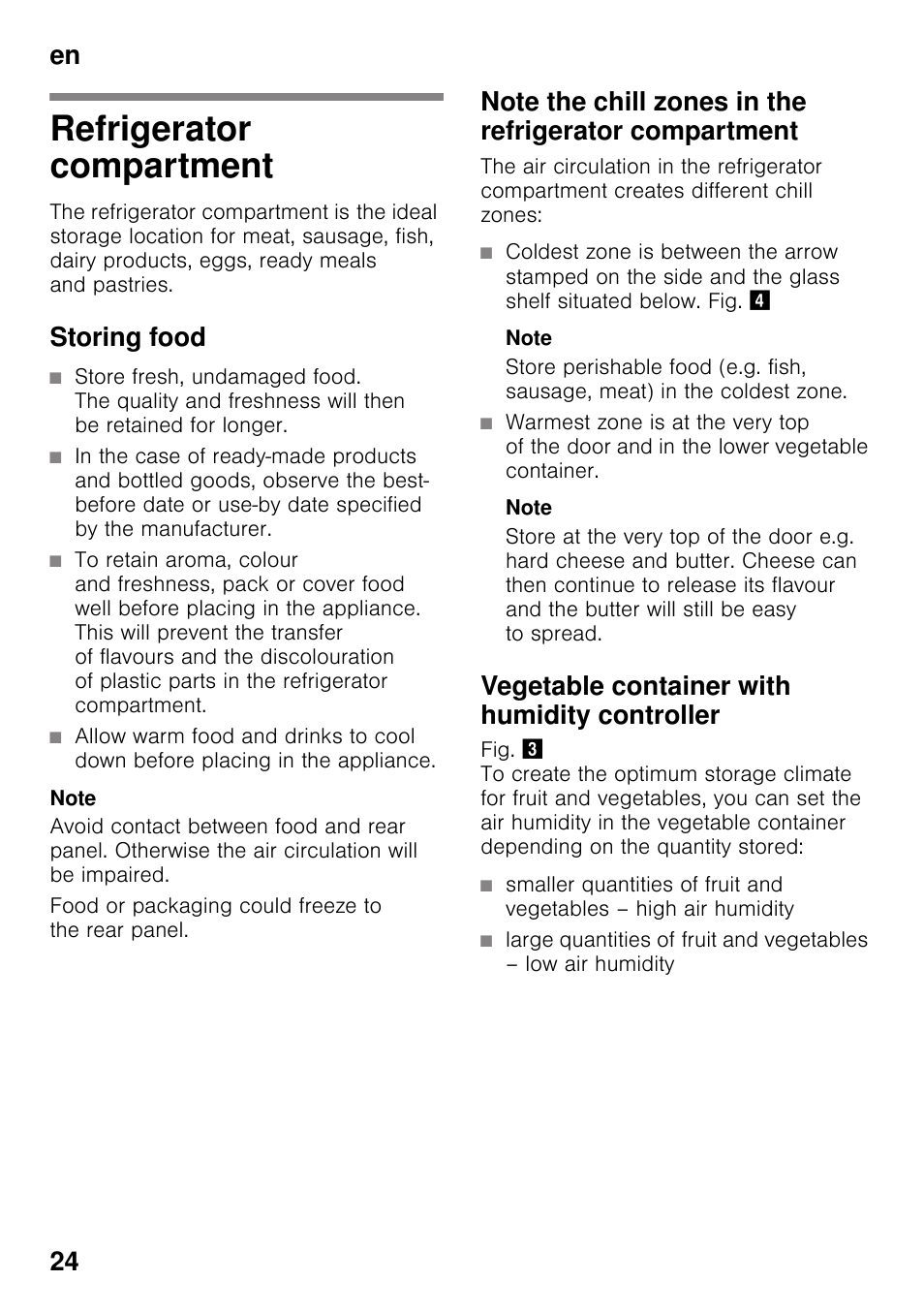 Refrigerator compartment, Storing food, Note | Vegetable container with humidity controller, En 24 | Siemens KI25RP60 User Manual | Page 24 / 77