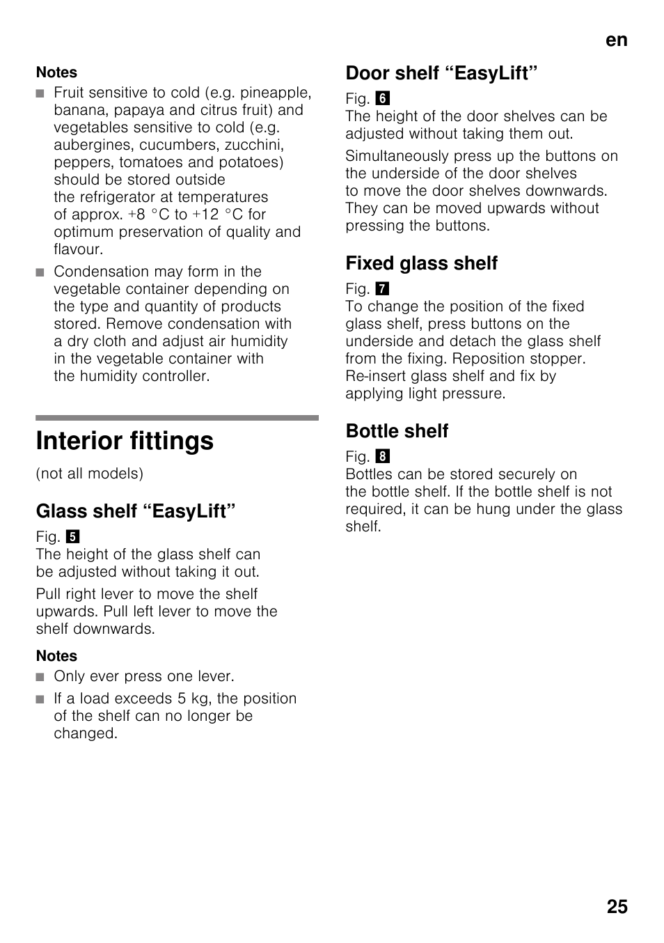 Notes, Interior fittings, Glass shelf “easylift | Only ever press one lever, Door shelf “easylift, Fixed glass shelf, Bottle shelf, En 25 | Siemens KI25RP60 User Manual | Page 25 / 77