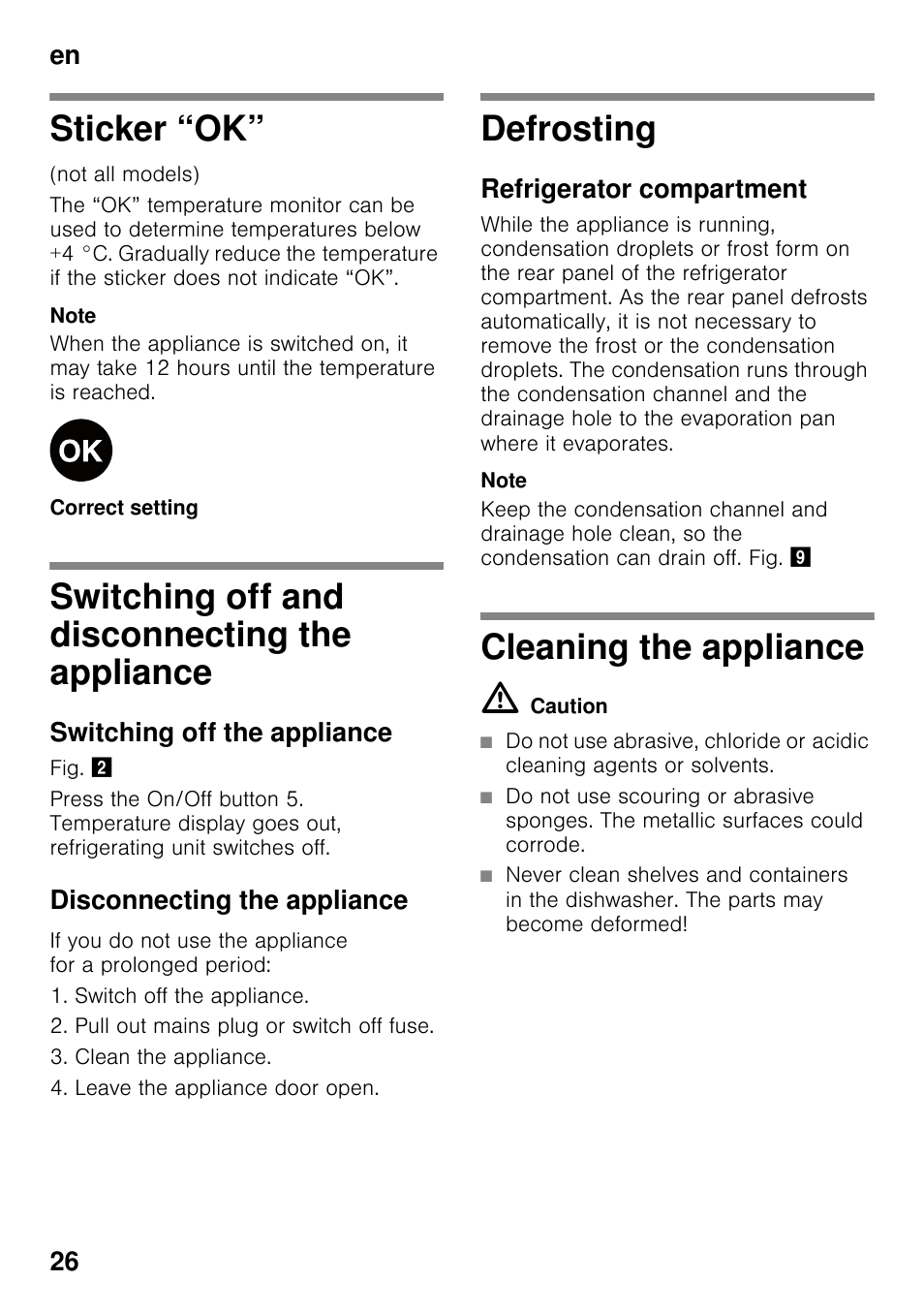 Sticker “ok, Switching off and disconnecting the appliance, Switching off the appliance | Disconnecting the appliance, Defrosting, Refrigerator compartment, Cleaning the appliance, M caution, The appliance defrosting cleaning the appliance, En 26 | Siemens KI25RP60 User Manual | Page 26 / 77