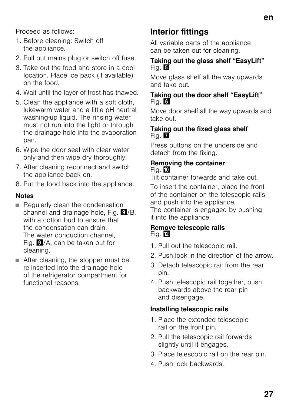 Notes, Interior fittings, Taking out the glass shelf “easylift | Taking out the door shelf “easylift, Taking out the fixed glass shelf, Removing the container, Remove telescopic rails, Installing telescopic rails, En 27 | Siemens KI25RP60 User Manual | Page 27 / 77
