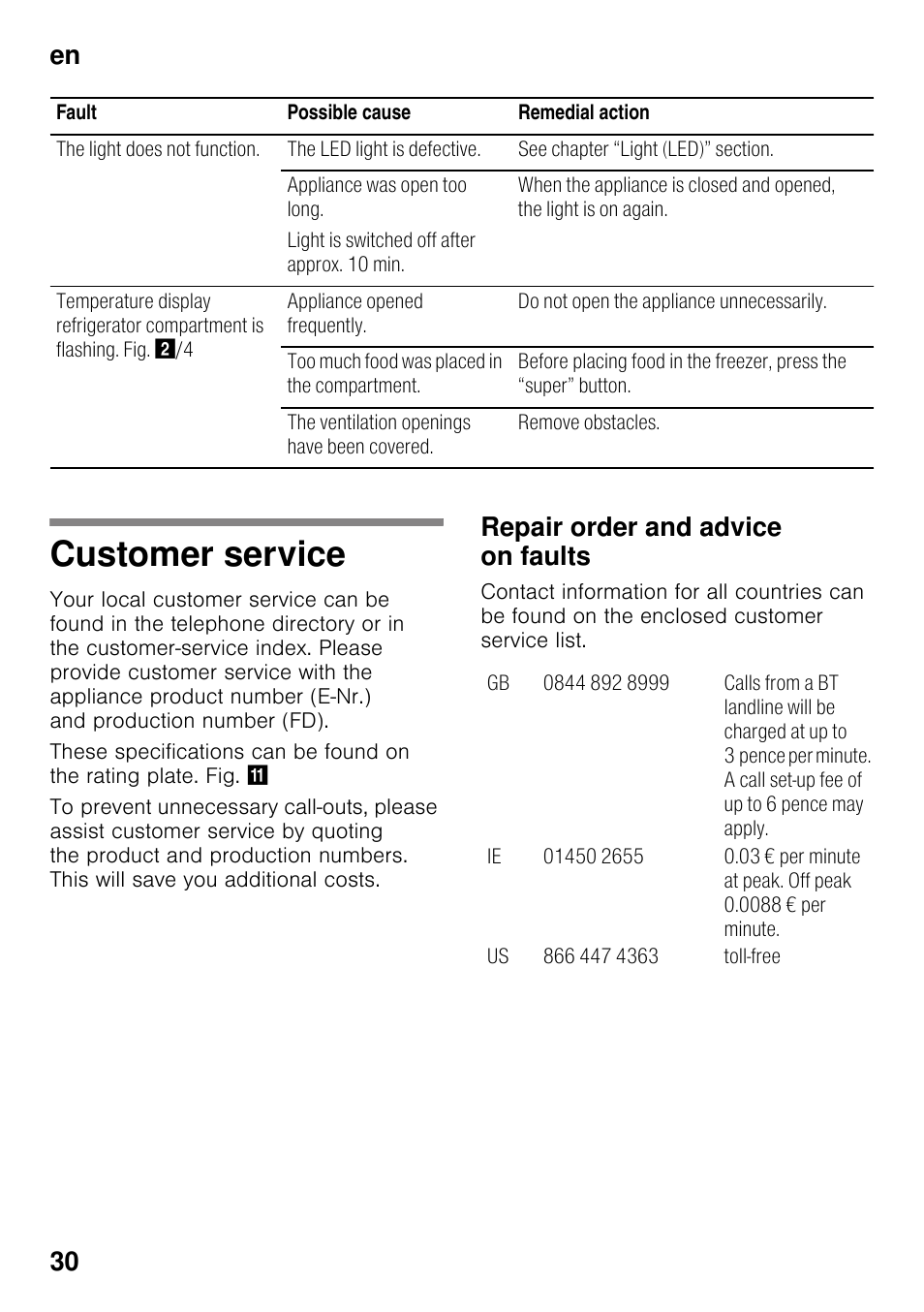 Customer service, Repair order and advice on faults, En 30 | Siemens KI25RP60 User Manual | Page 30 / 77