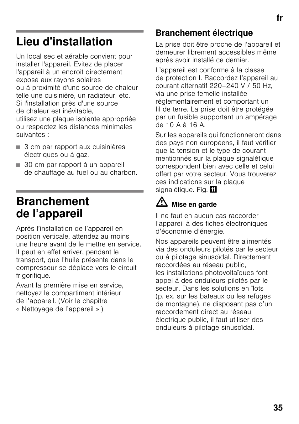 Lieu d'installation, Branchement de l’appareil, Branchement électrique | Lieu d'installation branchement de l’appareil, Fr 35 | Siemens KI25RP60 User Manual | Page 35 / 77