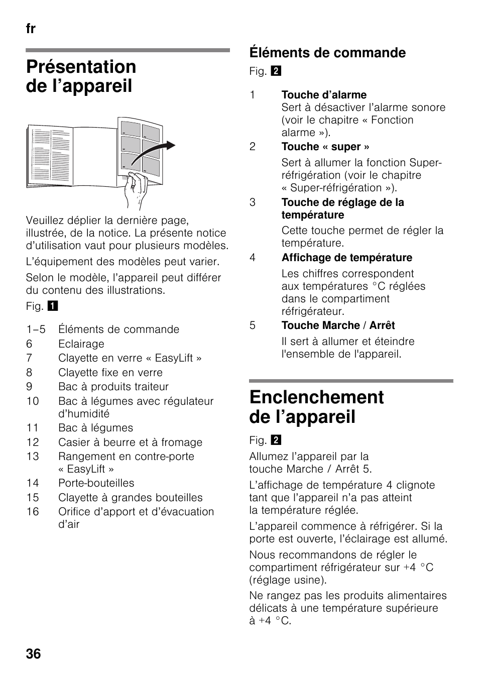 Présentation de l’appareil, Éléments de commande, Enclenchement de l’appareil | Fr 36 | Siemens KI25RP60 User Manual | Page 36 / 77