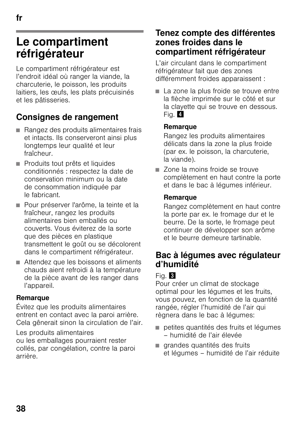 Le compartiment réfrigérateur, Consignes de rangement, Remarque | Bac à légumes avec régulateur d’humidité, Fr 38 | Siemens KI25RP60 User Manual | Page 38 / 77