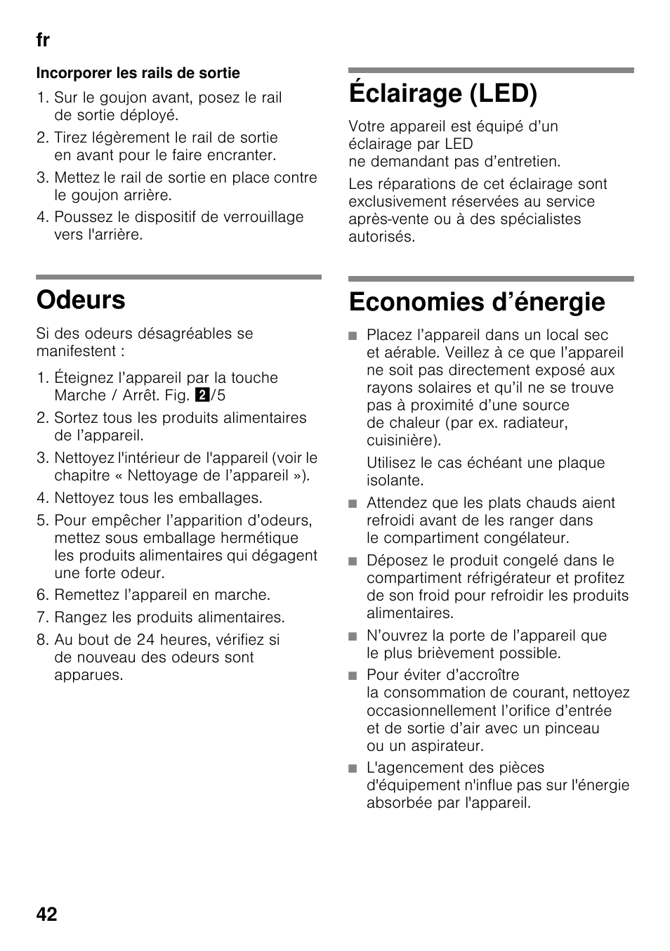 Incorporer les rails de sortie, Odeurs, Éclairage (led) | Economies d’énergie, Utilisez le cas échéant une plaque isolante, Odeurs éclairage (led) economies d’énergie, Fr 42 | Siemens KI25RP60 User Manual | Page 42 / 77