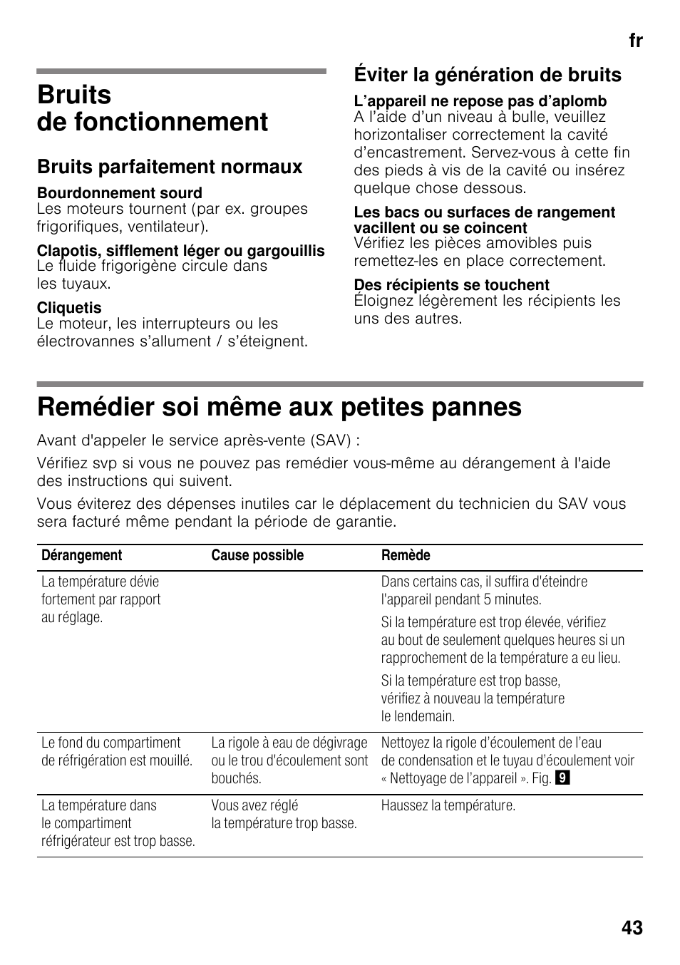 Bruits de fonctionnement, Bruits parfaitement normaux, Bourdonnement sourd | Clapotis, sifflement léger ou gargouillis, Cliquetis, Éviter la génération de bruits, L’appareil ne repose pas d’aplomb, Des récipients se touchent, Remédier soi même aux petites pannes, Petites pannes | Siemens KI25RP60 User Manual | Page 43 / 77