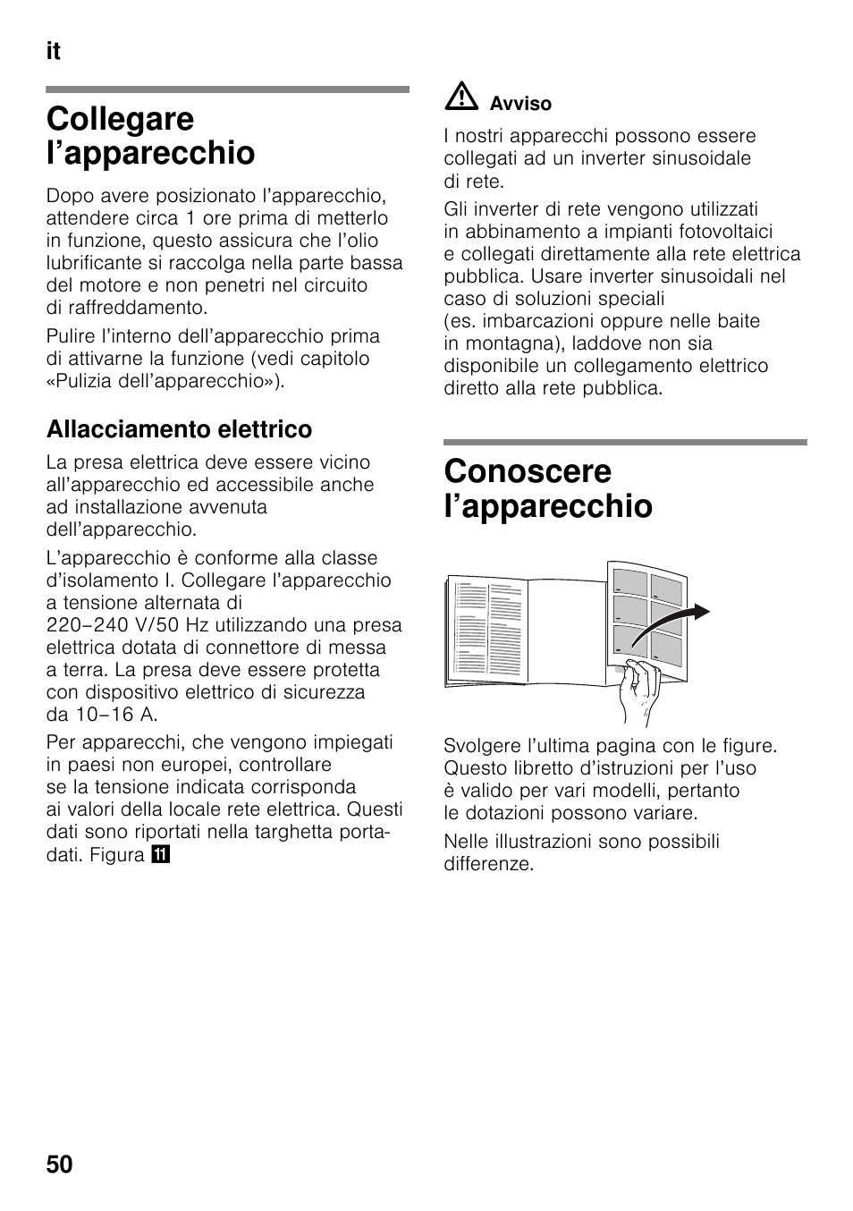 Collegare l’apparecchio, Allacciamento elettrico, Conoscere l’apparecchio | Collegare l’apparecchio conoscere l’apparecchio, It 50 | Siemens KI25RP60 User Manual | Page 50 / 77