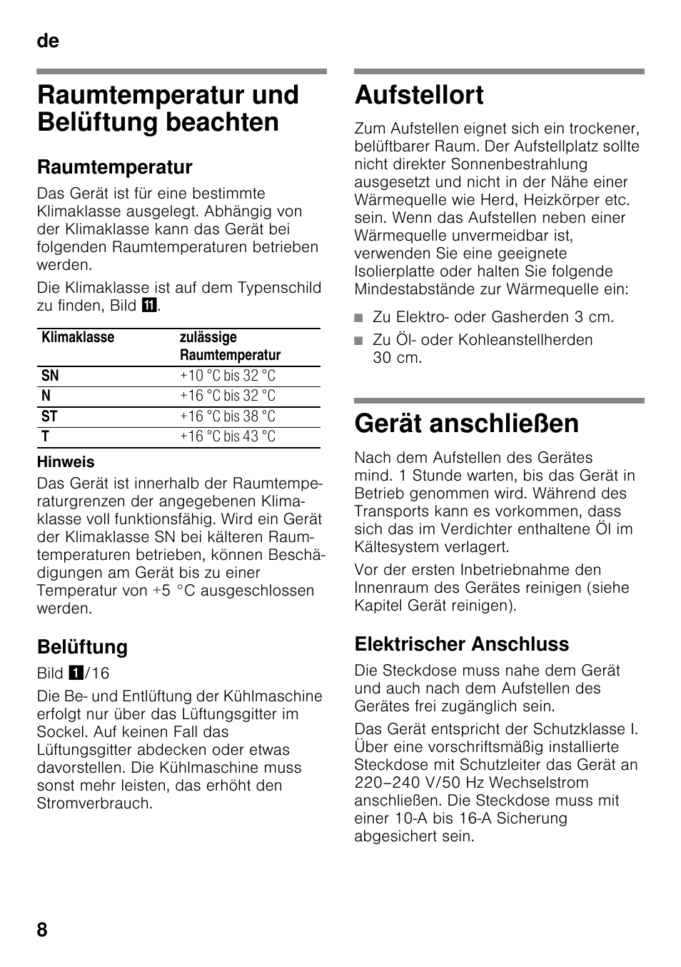 Raumtemperatur und belüftung beachten, Raumtemperatur, Belüftung | Aufstellort, Zu elektro- oder gasherden 3 cm, Zu öl- oder kohleanstellherden 30 cm, Gerät anschließen, Elektrischer anschluss, Beachten aufstellort gerät anschließen, De 8 | Siemens KI25RP60 User Manual | Page 8 / 77