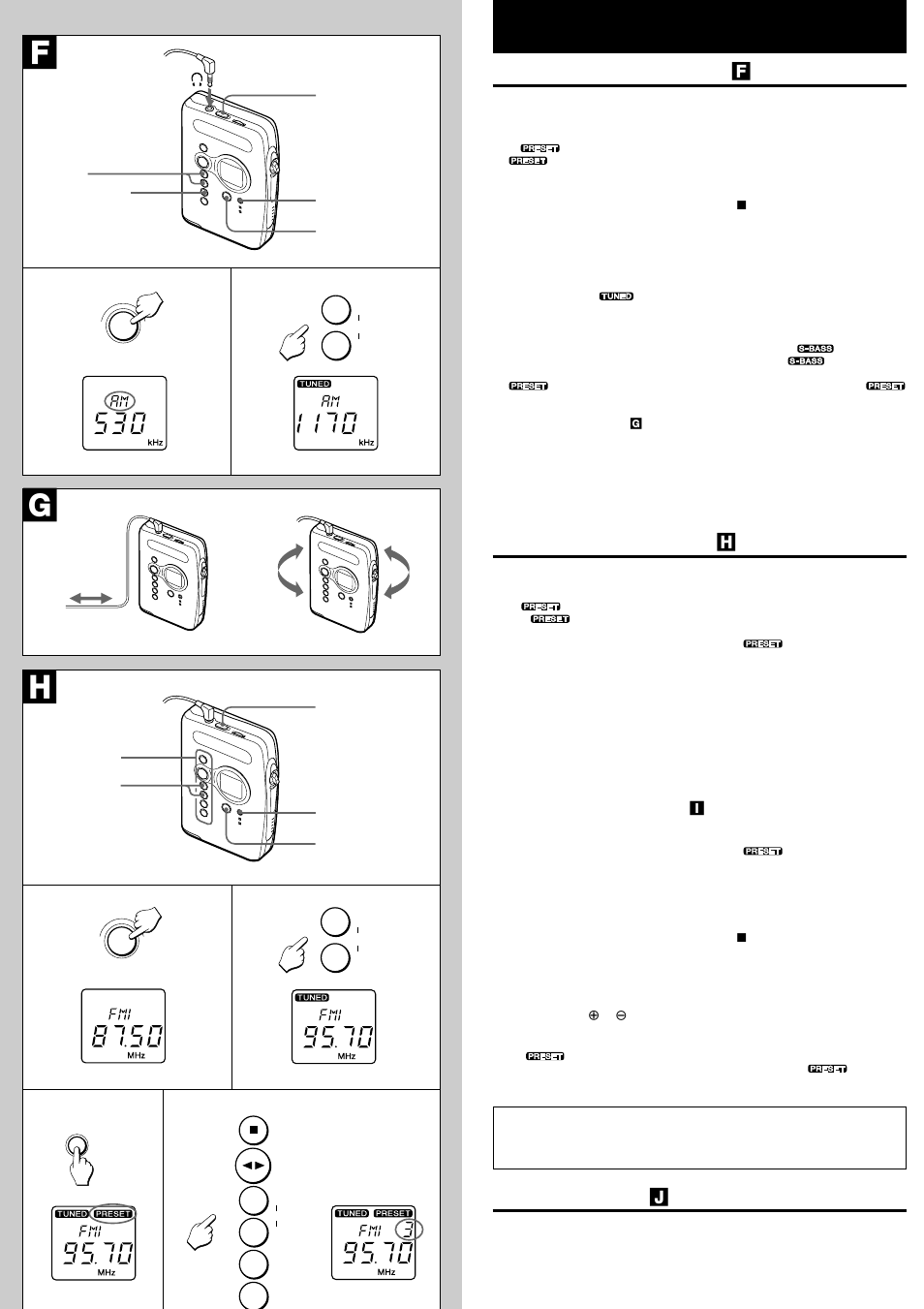 Tuning in to a station → f, Presetting stations → h, World areas → j | Aiwa HS-RX418 User Manual | Page 3 / 4