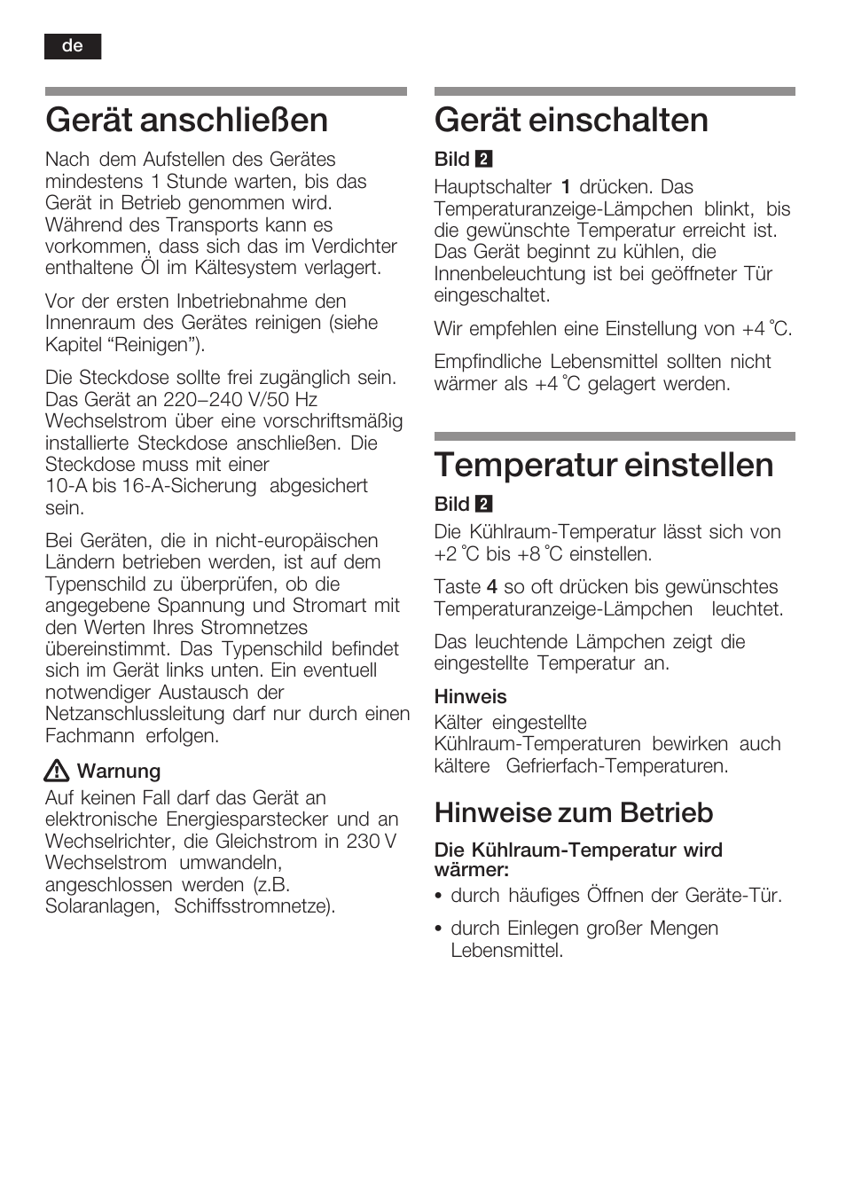 Gerät anschließen, Gerät einschalten, Temperatur einstellen | Hinweise zum betrieb | Siemens KF18LA60 User Manual | Page 10 / 95