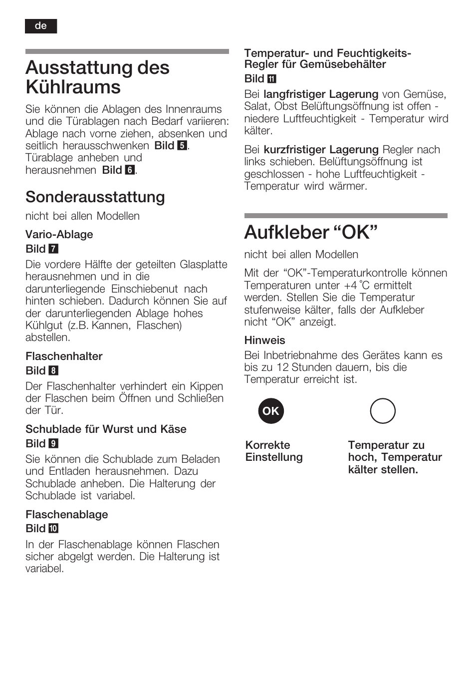 Ausstattung des kühlraums, Aufkleber ok, Sonderausstattung | Siemens KF18LA60 User Manual | Page 12 / 95