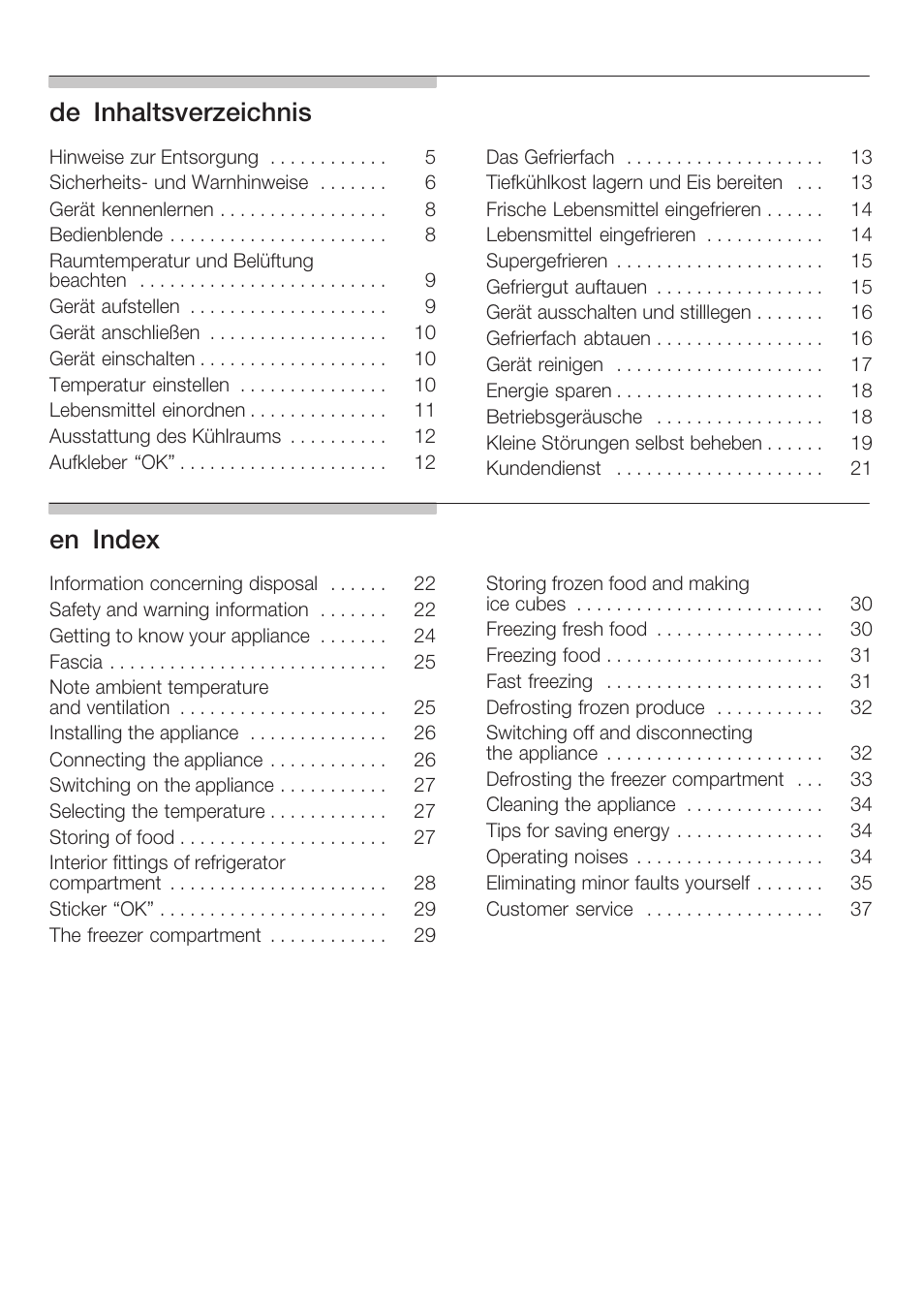 Deąinhaltsverzeichnis, Enąindex | Siemens KF18LA60 User Manual | Page 2 / 95