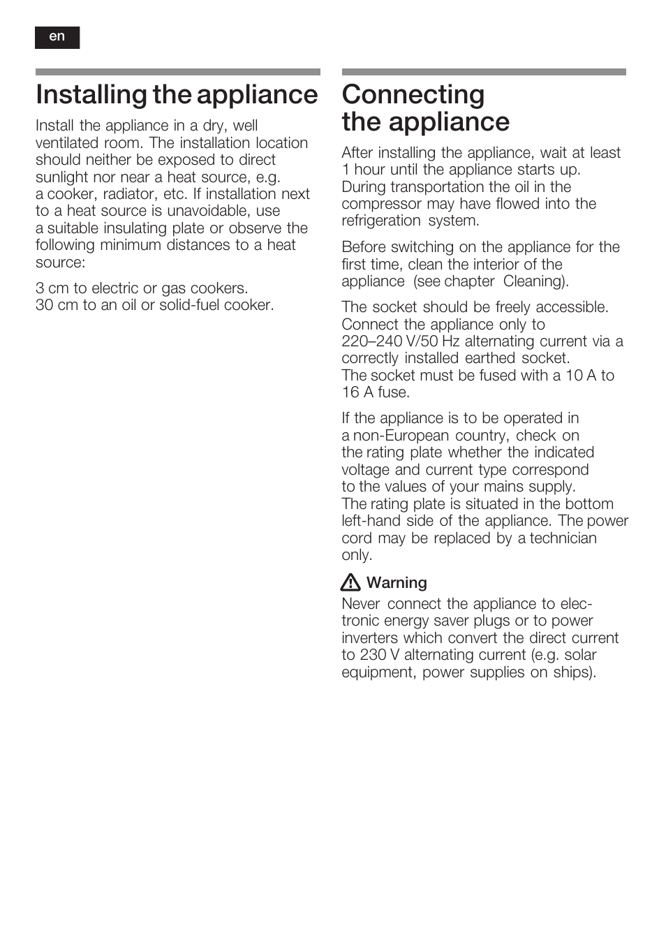 Installing the appliance, Connecting the appliance | Siemens KF18LA60 User Manual | Page 26 / 95