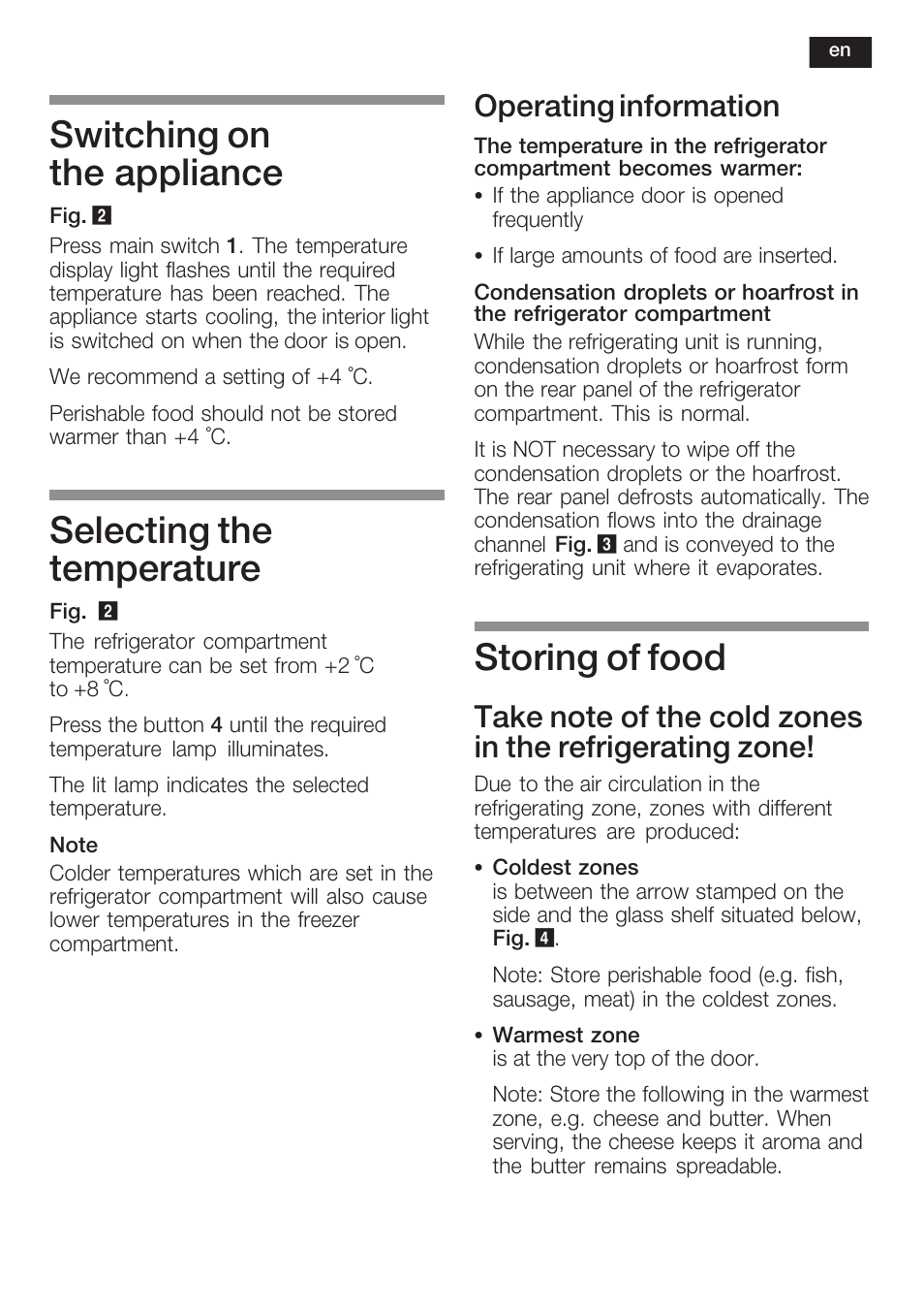 Switching on the appliance, Selecting the temperature, Storing of food | Operating information | Siemens KF18LA60 User Manual | Page 27 / 95