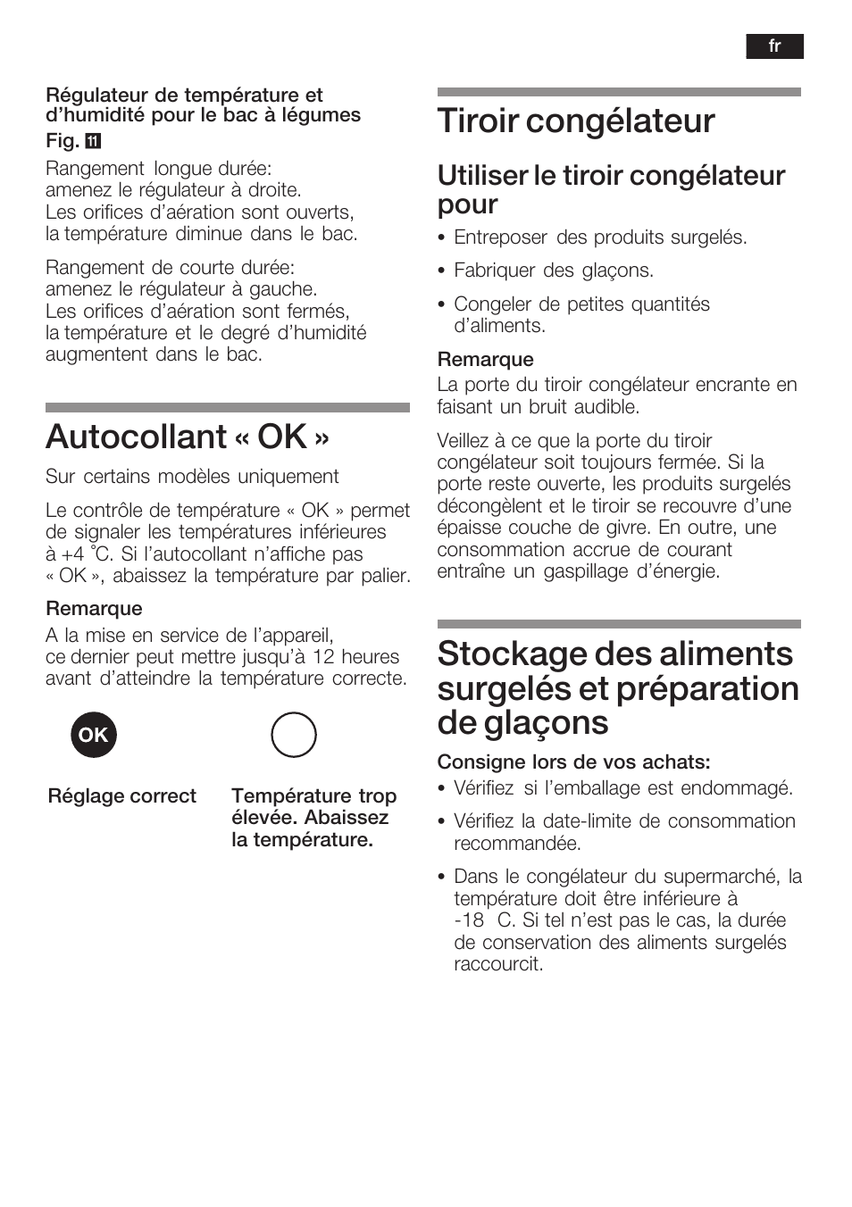 Autocollant « ok, Tiroir congélateur, Utiliser le tiroir congélateur pour | Siemens KF18LA60 User Manual | Page 47 / 95