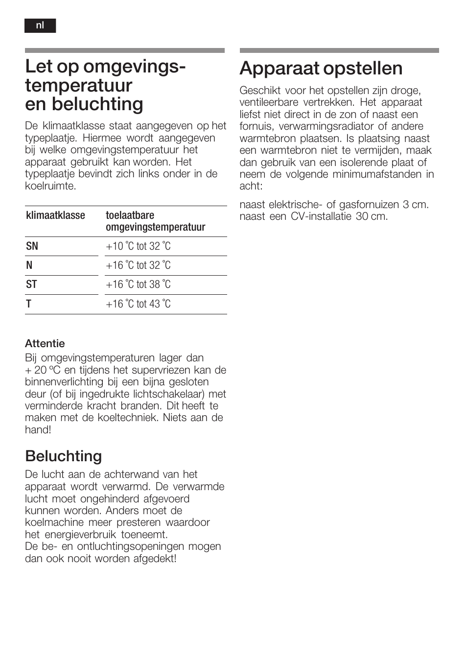 Let op omgevingsć temperatuur en beluchting, Apparaat opstellen, Beluchting | Siemens KF18LA60 User Manual | Page 78 / 95