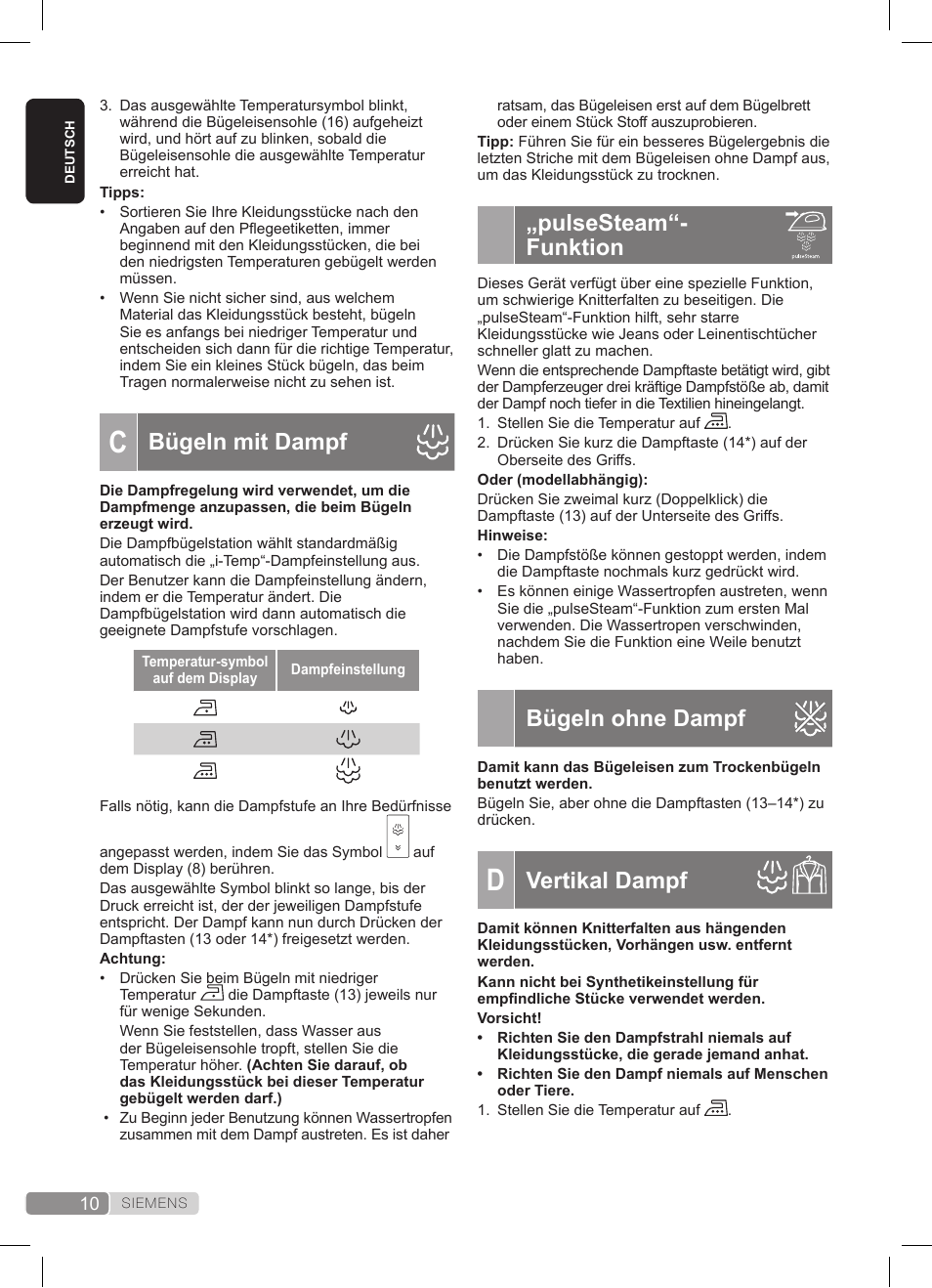 Pulsesteam“- funktion, Bügeln ohne dampf, Vertikal dampf | Bügeln mit dampf | Siemens TS45359 User Manual | Page 10 / 172