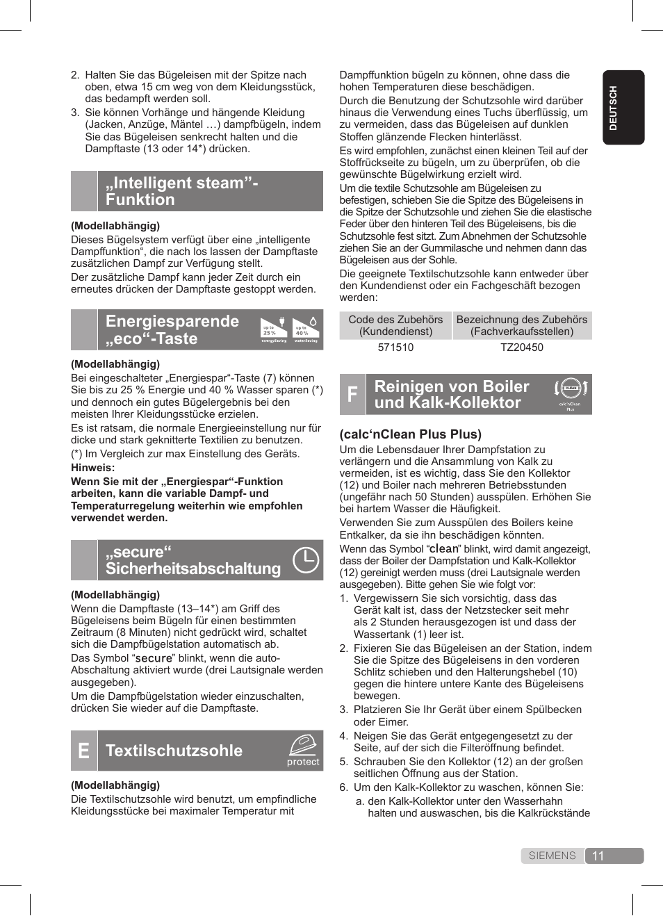 Reinigen von boiler und kalk-kollektor, Intelligent steam”- funktion, Energiesparende „eco“-taste | Secure“ sicherheitsabschaltung, Textilschutzsohle | Siemens TS45359 User Manual | Page 11 / 172