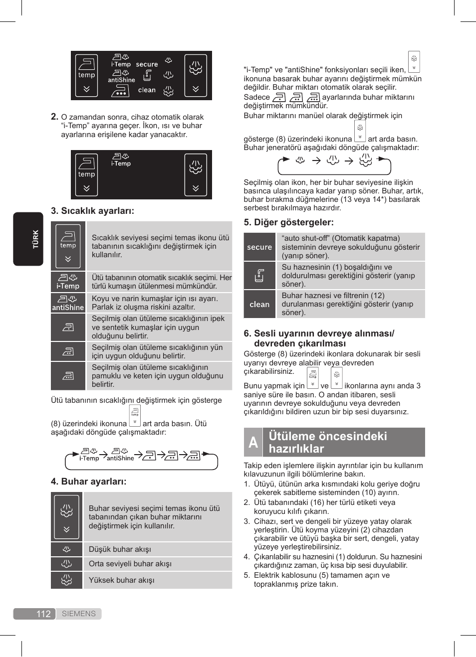 Ütüleme öncesindeki hazırlıklar | Siemens TS45359 User Manual | Page 112 / 172