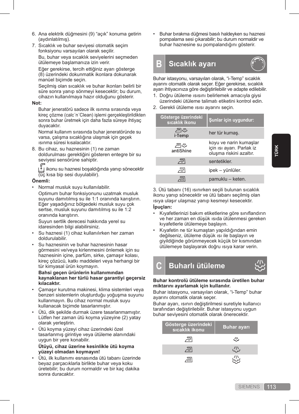 Sıcaklık ayarı, Buharlı ütüleme | Siemens TS45359 User Manual | Page 113 / 172