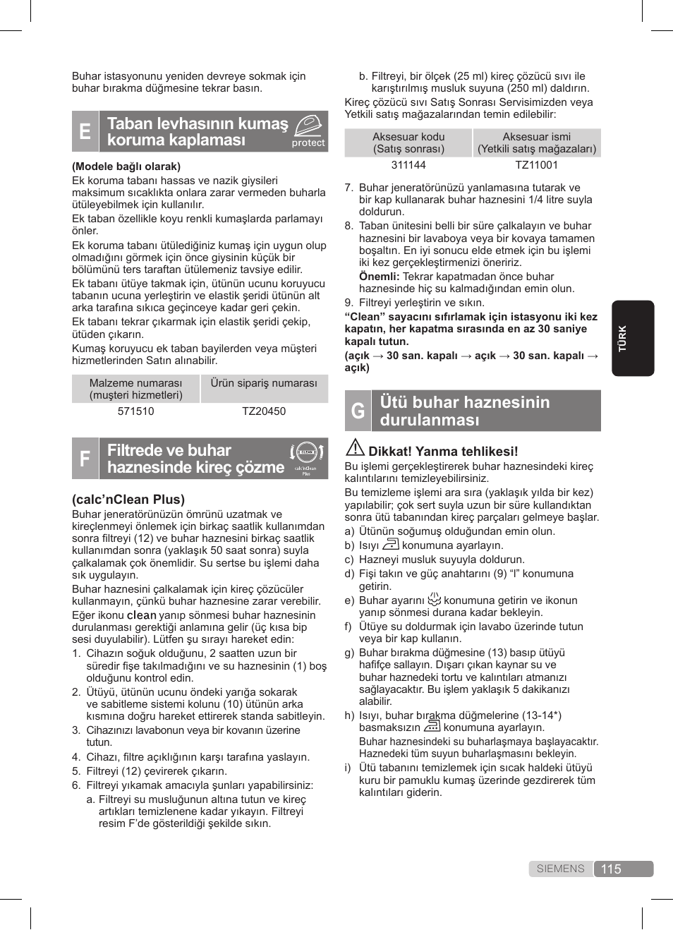 Ütü buhar haznesinin durulanması, Taban levhasının kumaş koruma kaplaması, Filtrede ve buhar haznesinde kireç çözme | Siemens TS45359 User Manual | Page 115 / 172