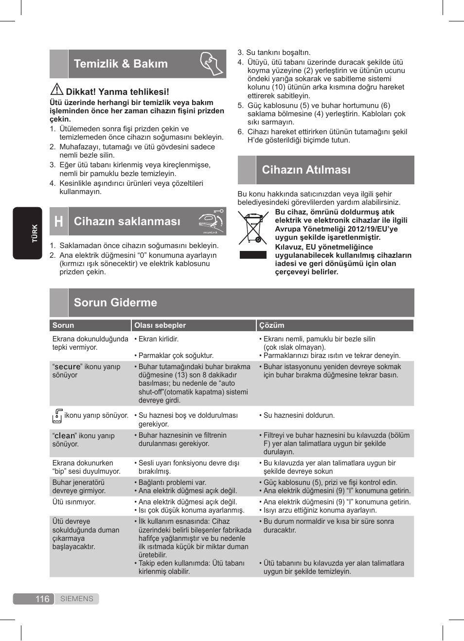 Cihazın atılması, Temizlik & bakım, Cihazın saklanması | Sorun giderme | Siemens TS45359 User Manual | Page 116 / 172