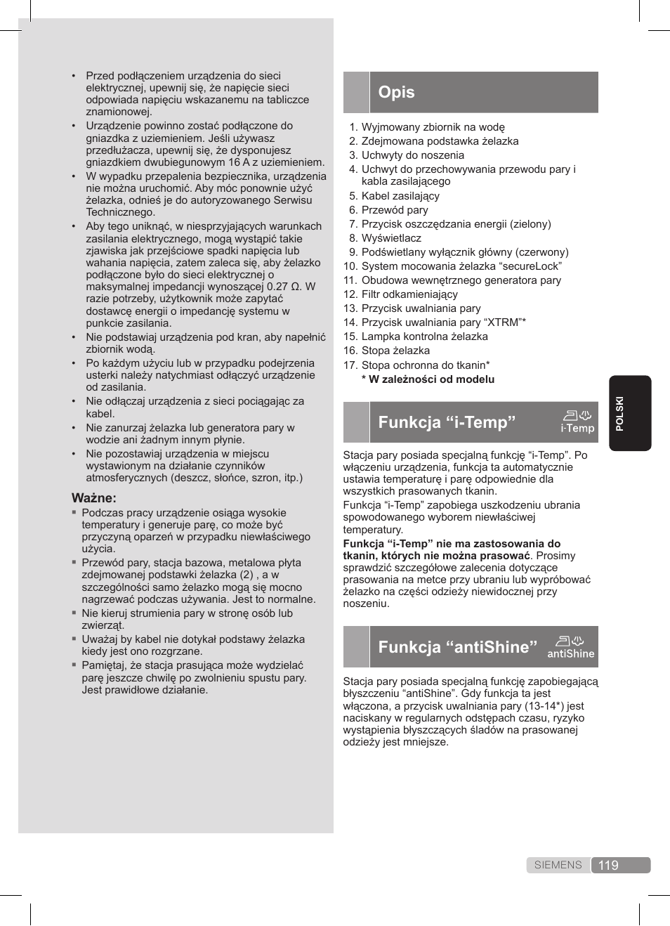 Opis, Funkcja “i-temp, Funkcja “antishine | Siemens TS45359 User Manual | Page 119 / 172