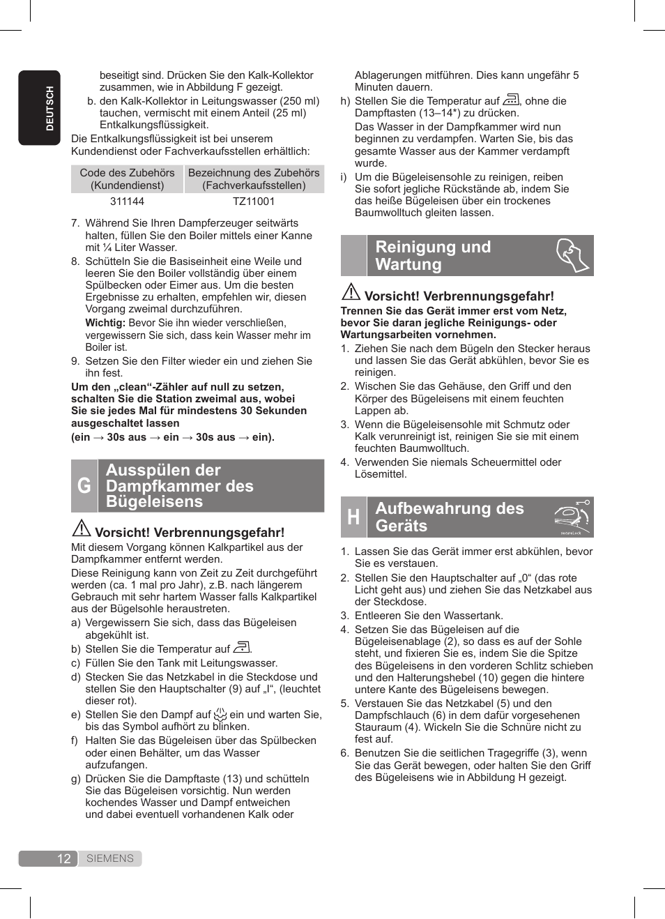 Ausspülen der dampfkammer des bügeleisens, Reinigung und wartung, Aufbewahrung des geräts | Siemens TS45359 User Manual | Page 12 / 172