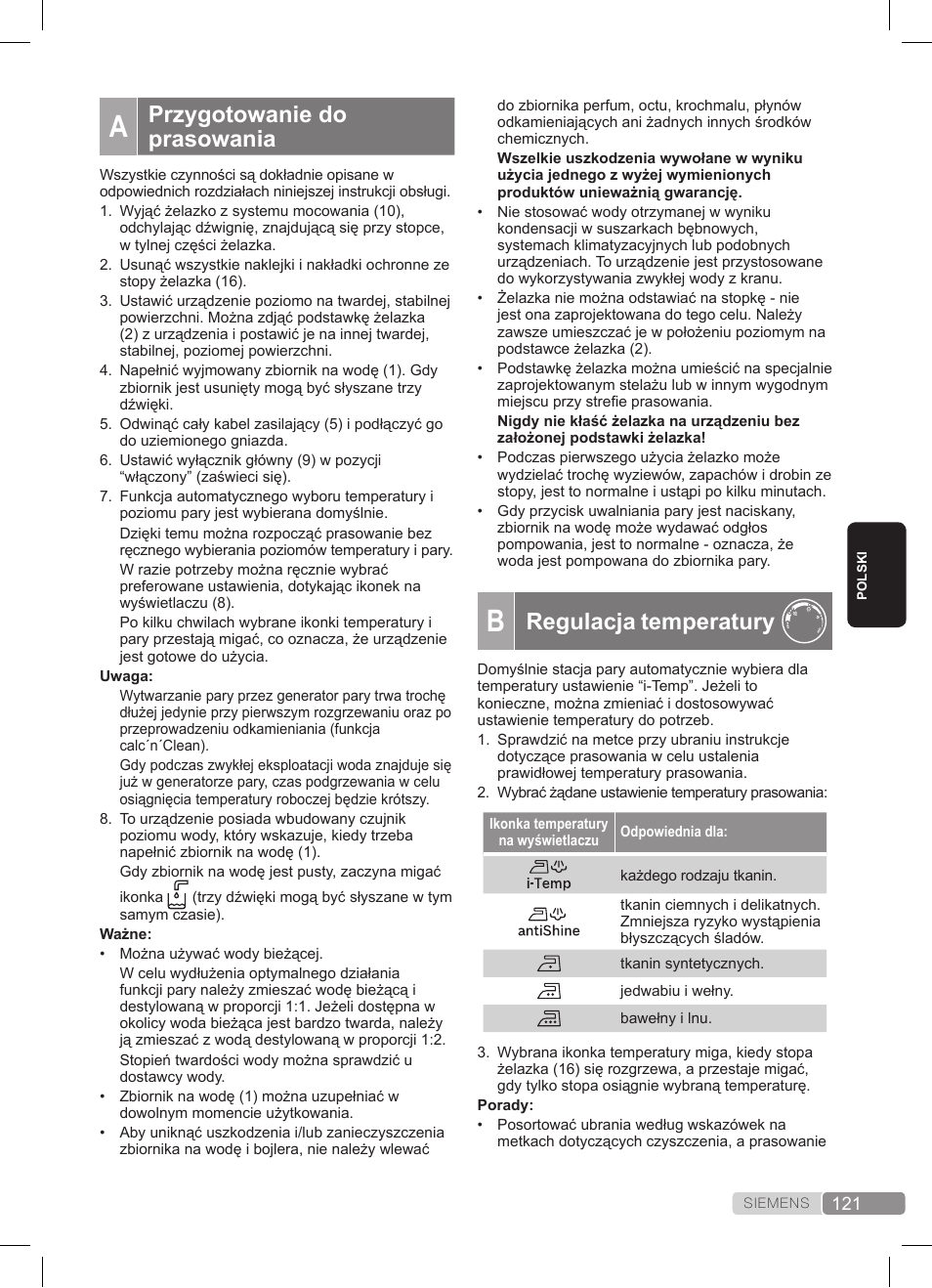 Regulacja temperatury, Przygotowanie do prasowania | Siemens TS45359 User Manual | Page 121 / 172