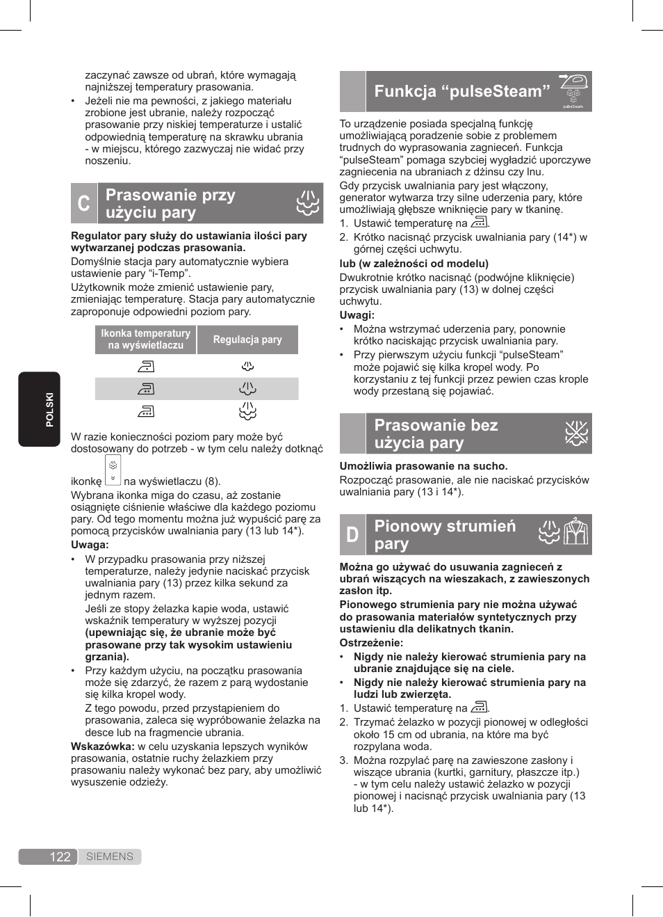 Funkcja “pulsesteam, Prasowanie bez użycia pary, Pionowy strumień pary | Prasowanie przy użyciu pary | Siemens TS45359 User Manual | Page 122 / 172